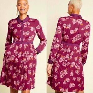 Modcloth NWOT Burgundy Floral Long Sleeve Dress Pleated, Midi P7
